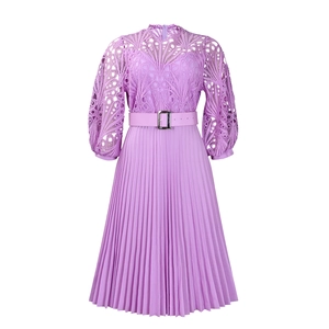 Detail of lavender lace hollow-out bodice and pleated skirt with matching buckled belt