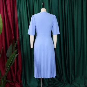 Rear view detail of the light blue short-sleeved dress showing pleats and waistline