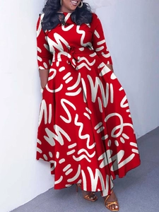 Women Elegant Round Neck 3/4 Sleeve Midi Dress High Waist Tie Waist Printed Big Swing Bohemian Maxi Dress Plus Size