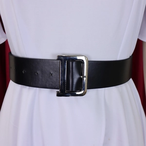 Close-up of wide black leather belt featuring a large silver metallic D-ring buckle