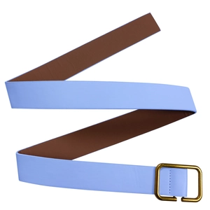 Detail of elegant sky blue leather waist belt with large gold rectangular metal buckle