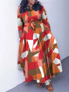 Elegant 3/4 sleeve maxi dress with geometric pattern and waist tie for a stylish look