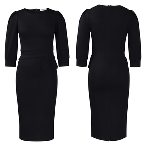 Flat lay view of a black bodycon dress with puff sleeves and waist ruffle detail