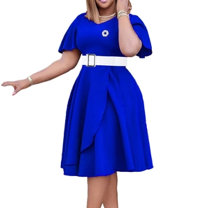 Detail of royal blue V-neck dress featuring ruffle sleeves, pleated hem and white belt