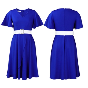 Detail view of cobalt blue V-neck dress with ruffle sleeves and white buckled belt