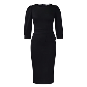 Detail of elegant black slim-fit dress with 3/4 puff sleeves and gathered waist pleats