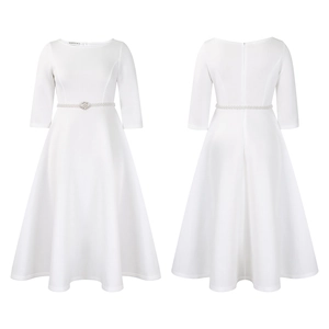 Detailed front and back view of white evening dress with pearl waist and rhinestone buckle
