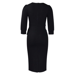 Back view of a black bodycon midi dress with puff sleeves, rear zipper, and back slit detail