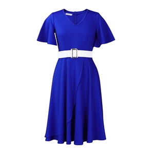 Detail of royal blue dress with V-neck, ruffle sleeves, and white belt accent