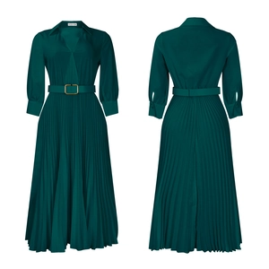 Front and back views of an elegant dark green pleated dress with shirt collar and gold buckle