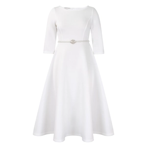 Close-up of white dress bodice with pearl rhinestone belt and brand label detail