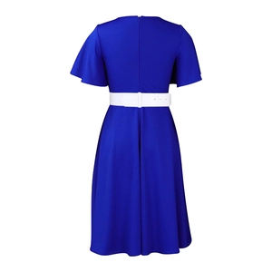 Detail of royal blue dress featuring elegant ruffle sleeves and white wide belt on the back