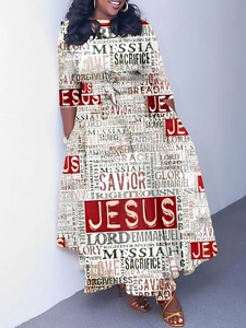 Elegant 2024 spring long sleeve maxi dress with newspaper print and asymmetrical hemline