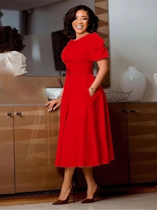 Women Elegant Round Neck Puff Short Sleeve Midi Dress With Belt Solid Color High Waist A-Line Office Banquet Dresses