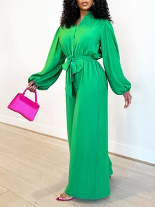 Fashionable long sleeve wide leg green jumpsuit with waist tie and button front detail