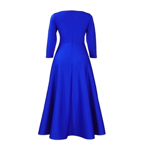 Detail view of the royal blue long dress featuring a concealed back zipper and A-line hem