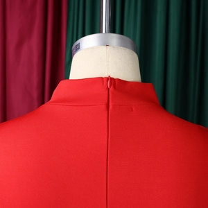 Detail view of the red dress featuring a high stand collar and a matching invisible zipper