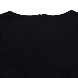 Detail shot of the back neckline featuring an invisible zipper on a black sheath dress