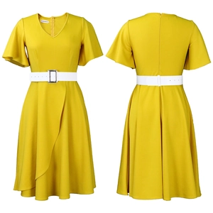 Front and back detail of a yellow V-neck dress with ruffle sleeves and white belted waist