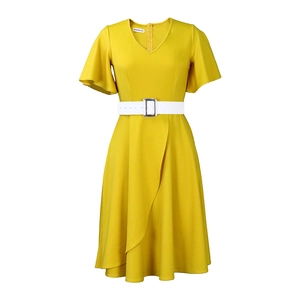 Detail of elegant V-neck ginger dress with flare sleeves and white belted waist