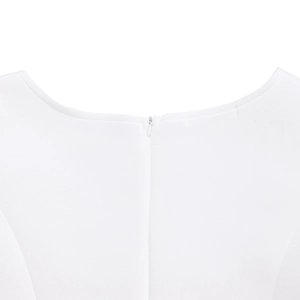 Detail view of the back round neckline with seamless hidden zipper on a white dress