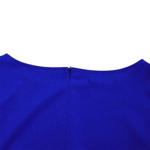 Detail of royal blue dress neckline and back with invisible zipper and smooth texture