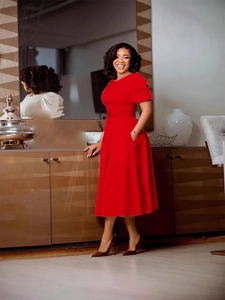 Elegant bright red short sleeve A-line midi dress with round neck and matching waist belt