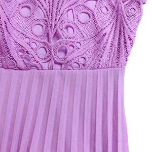 Close-up of lavender lace crochet detailing and pleated fabric texture on dress