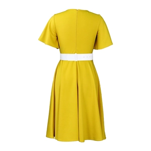 Back view of a yellow plus size dress featuring flared sleeves and a white waist belt