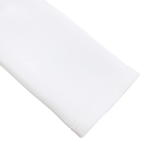 Close-up of white knitted dress sleeve featuring high-quality double-needle stitching