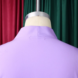 Detailed close-up of the elegant purple dress stand-up collar with precise double-needle stitching