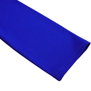 Detail shot of royal blue knit fabric cuff featuring durable double-needle flat stitching