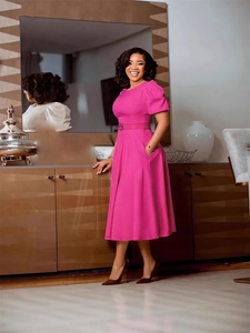Elegant rose pink A-line midi dress with puff sleeves and matching belt for women