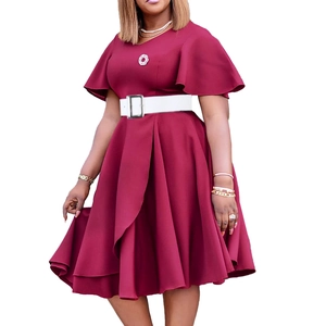 Detail of burgundy V-neck dress featuring ruffled bell sleeves and a wide white waist belt