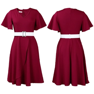 Front and back detail of a wine red V-neck dress featuring ruffle sleeves and a white belt