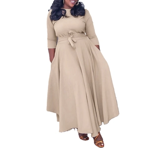 Elegant camel long-sleeve maxi dress with waist tie and flowy A-line skirt for women