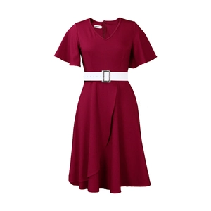 Detailed view of burgundy V-neck plus size dress with decorative white belt and silver buckle