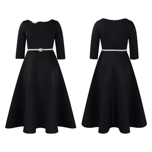 Detail of black mid-length A-line dress with pearl belt, showing front and back views