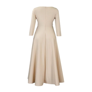 Detail view of the elegant beige long-sleeve maxi dress back with invisible zipper closure