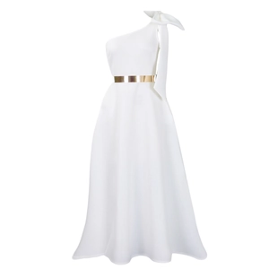 Detail of white one-shoulder evening dress with a large bow and gold mirror belt
