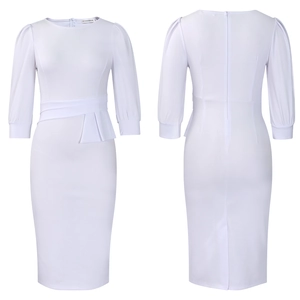 Detail of white bodycon dress showing crew neck, puff sleeves and side drape pleats