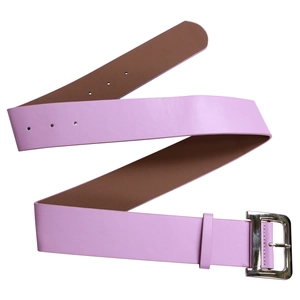 Detail of wide light purple leather belt featuring a large silver square metal buckle