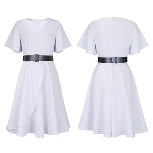 Front and back view of V-neck dress with ruffle sleeves and black belt with metal buckle
