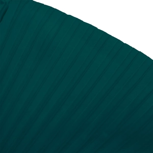 Close-up detail of dark green pleated fabric showing vertical texture and satin sheen