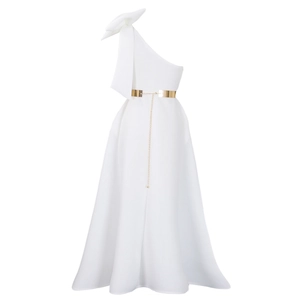 Detail of white one-shoulder evening gown with large bow and gold mirror belt