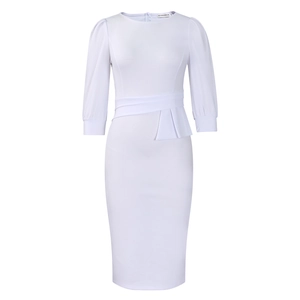 Close-up detail of white bodycon dress featuring puff sleeves and elegant waist ruffles