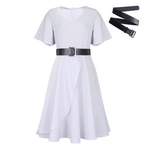 Detailed view of a white V-neck plus size dress with a black metal buckle waist belt