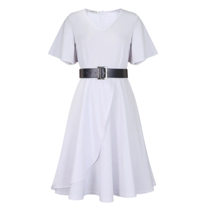 Detail of white V-neck plus size dress with ruffle sleeves and black leather belt