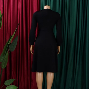 Detail view of black slim fit long sleeve maxi dress featuring a hidden back zipper closure