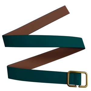 Detail of a wide double-sided faux leather waist belt with gold square metal buckle